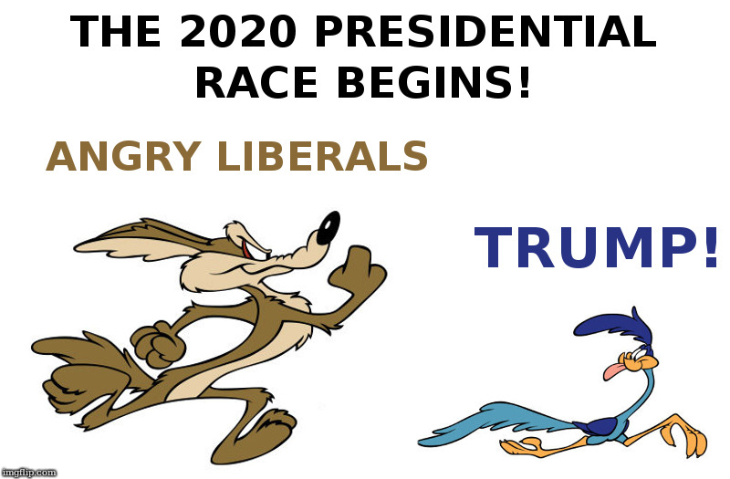The 2020 Presidential Race Begins! | image tagged in donald trump,cory booker,and the rest,roadrunner,wile e coyote,beep beep | made w/ Imgflip meme maker