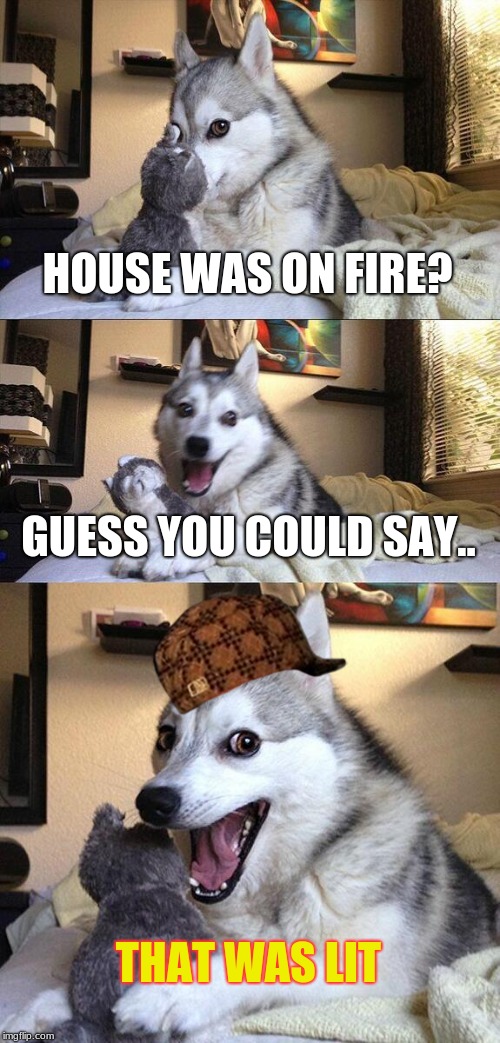 Bad Pun Dog | HOUSE WAS ON FIRE? GUESS YOU COULD SAY.. THAT WAS LIT | image tagged in memes,bad pun dog | made w/ Imgflip meme maker