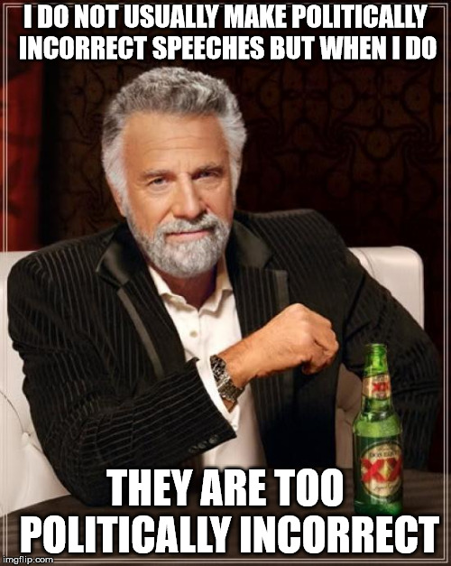 The Most Interesting Man In The World Meme | I DO NOT USUALLY MAKE POLITICALLY INCORRECT SPEECHES BUT WHEN I DO; THEY ARE TOO POLITICALLY INCORRECT | image tagged in memes,the most interesting man in the world | made w/ Imgflip meme maker