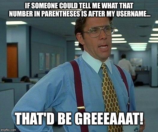 That Would Be Great Meme | IF SOMEONE COULD TELL ME WHAT THAT NUMBER IN PARENTHESES IS AFTER MY USERNAME... THAT'D BE GREEEAAAT! | image tagged in memes,that would be great | made w/ Imgflip meme maker