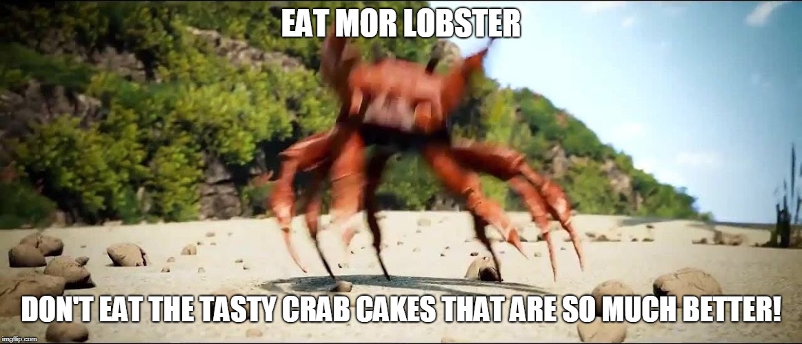 Crab Rave | EAT MOR LOBSTER DON'T EAT THE TASTY CRAB CAKES THAT ARE SO MUCH BETTER! | image tagged in crab rave | made w/ Imgflip meme maker