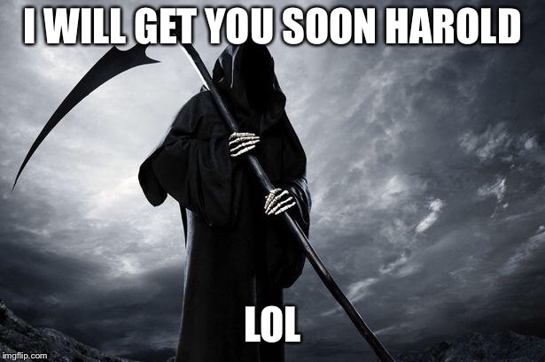 Grim Reaper | I WILL GET YOU SOON HAROLD LOL | image tagged in grim reaper | made w/ Imgflip meme maker