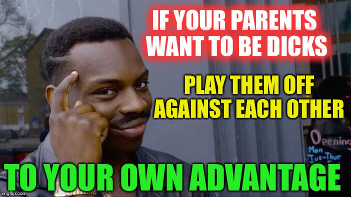 Roll Safe Think About It Meme | IF YOUR PARENTS WANT TO BE DICKS TO YOUR OWN ADVANTAGE PLAY THEM OFF AGAINST EACH OTHER | image tagged in memes,roll safe think about it | made w/ Imgflip meme maker