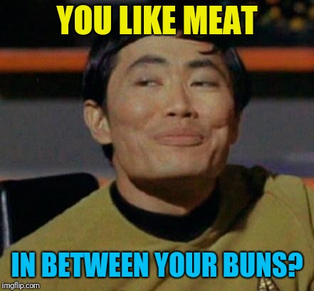 George Takei | YOU LIKE MEAT IN BETWEEN YOUR BUNS? | image tagged in george takei | made w/ Imgflip meme maker