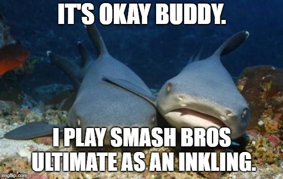 empathetic shark | IT'S OKAY BUDDY. I PLAY SMASH BROS ULTIMATE AS AN INKLING. | image tagged in empathetic shark | made w/ Imgflip meme maker