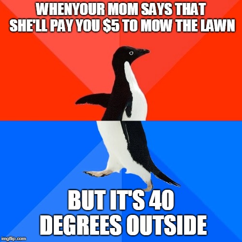 Socially Awesome Awkward Penguin Meme | WHENYOUR MOM SAYS THAT SHE'LL PAY YOU $5 TO MOW THE LAWN; BUT IT'S 40 DEGREES OUTSIDE | image tagged in memes,socially awesome awkward penguin | made w/ Imgflip meme maker