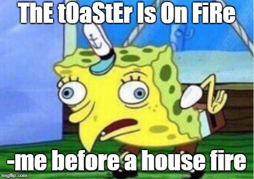 Mocking Spongebob Meme | ThE tOaStEr Is On FiRe; -me before a house fire | image tagged in memes,mocking spongebob | made w/ Imgflip meme maker
