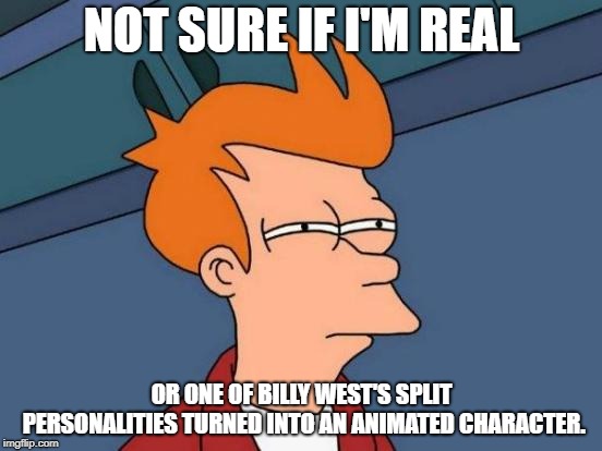Existential Fry | NOT SURE IF I'M REAL; OR ONE OF BILLY WEST'S SPLIT PERSONALITIES TURNED INTO AN ANIMATED CHARACTER. | image tagged in memes,futurama fry,billy west,voice acting | made w/ Imgflip meme maker