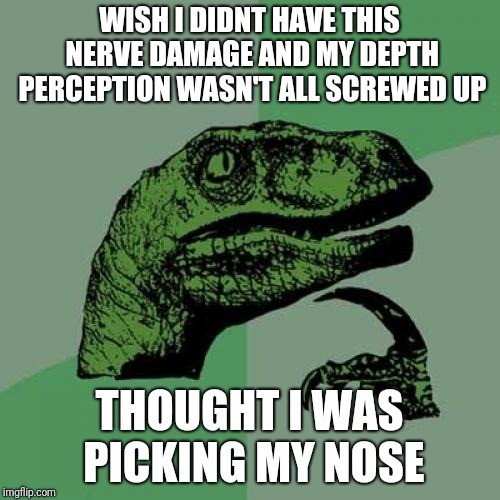 Philosoraptor Meme |  WISH I DIDNT HAVE THIS NERVE DAMAGE AND MY DEPTH PERCEPTION WASN'T ALL SCREWED UP; THOUGHT I WAS PICKING MY NOSE | image tagged in memes,philosoraptor | made w/ Imgflip meme maker