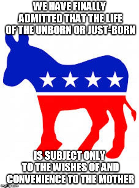 Democrat donkey | WE HAVE FINALLY ADMITTED THAT THE LIFE OF THE UNBORN OR JUST-BORN; IS SUBJECT ONLY TO THE WISHES OF AND CONVENIENCE TO THE MOTHER | image tagged in democrat donkey | made w/ Imgflip meme maker