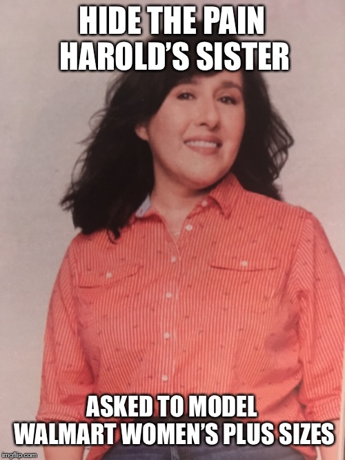At least she’s a model | HIDE THE PAIN HAROLD’S SISTER; ASKED TO MODEL WALMART WOMEN’S PLUS SIZES | image tagged in hide the pain harold,wife,family,sister | made w/ Imgflip meme maker
