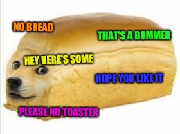 Doge bread | NO BREAD THAT'S A BUMMER HEY HERE'S SOME HOPE YOU LIKE IT PLEASE NO TOASTER | image tagged in doge bread | made w/ Imgflip meme maker