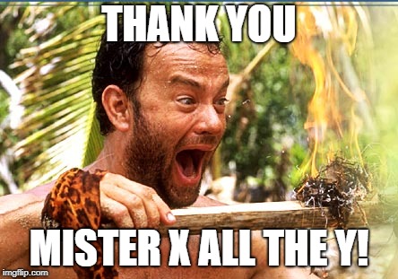 Castaway Fire Meme | THANK YOU MISTER X ALL THE Y! | image tagged in memes,castaway fire | made w/ Imgflip meme maker