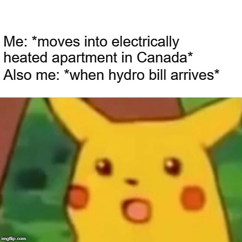 Surprised Pikachu | Me: *moves into electrically heated apartment in Canada*; Also me: *when hydro bill arrives* | image tagged in memes,surprised pikachu | made w/ Imgflip meme maker
