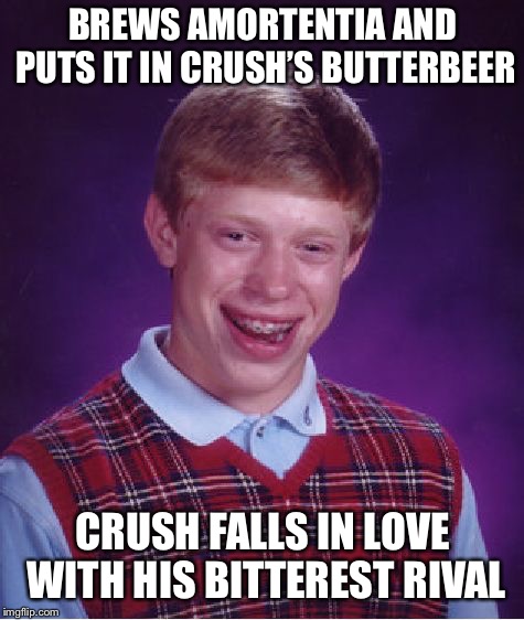 Bad Luck Brian Meme | BREWS AMORTENTIA AND PUTS IT IN CRUSH’S BUTTERBEER; CRUSH FALLS IN LOVE WITH HIS BITTEREST RIVAL | image tagged in memes,bad luck brian | made w/ Imgflip meme maker