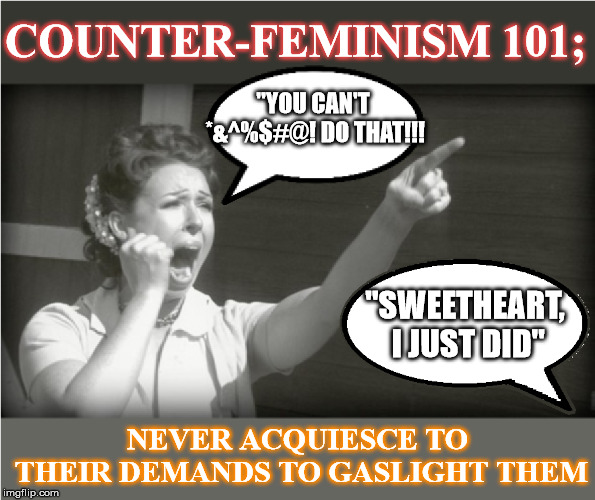 today, in our ongoing counter-feminist series... | COUNTER-FEMINISM 101;; "YOU CAN'T *&^%$#@! DO THAT!!! "SWEETHEART, I JUST DID"; NEVER ACQUIESCE TO THEIR DEMANDS TO GASLIGHT THEM | image tagged in feminist reeee | made w/ Imgflip meme maker