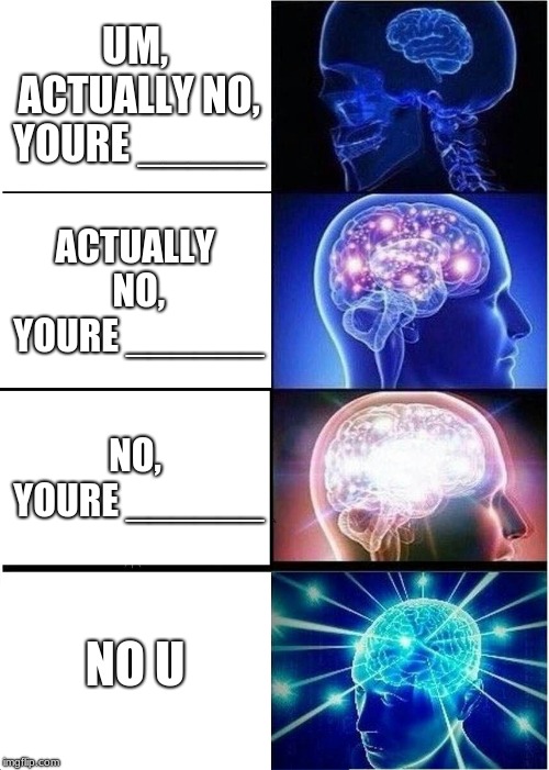 Expanding Brain Meme | UM, ACTUALLY NO, YOURE _____; ACTUALLY NO, YOURE ______; NO, YOURE ______; NO U | image tagged in memes,expanding brain | made w/ Imgflip meme maker