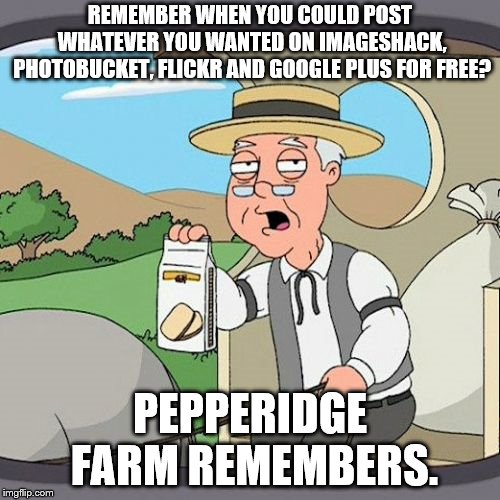 Pepperidge Farm Remembers Meme | REMEMBER WHEN YOU COULD POST WHATEVER YOU WANTED ON IMAGESHACK, PHOTOBUCKET, FLICKR AND GOOGLE PLUS FOR FREE? PEPPERIDGE FARM REMEMBERS. | image tagged in memes,pepperidge farm remembers,websites,false promises of the internet | made w/ Imgflip meme maker