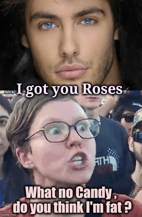 The perils of Valentine's Day , part 2 | I got you Roses; What no Candy , do you think I'm fat ? | image tagged in handsome face,triggered liberal,happy valentine's day,be careful,gifts | made w/ Imgflip meme maker