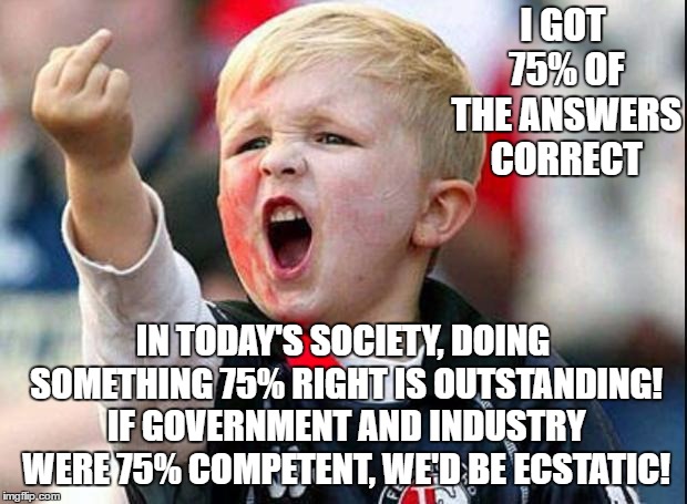 Angry Child | I GOT 75% OF THE ANSWERS CORRECT; IN TODAY'S SOCIETY, DOING SOMETHING 75% RIGHT IS OUTSTANDING! IF GOVERNMENT AND INDUSTRY WERE 75% COMPETENT, WE'D BE ECSTATIC! | image tagged in angry child,random,government,industry | made w/ Imgflip meme maker