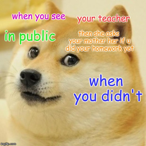 Doge | when you see; your teacher; in public; then she asks your mother her if u did your homework yet; when you didn't | image tagged in memes,doge | made w/ Imgflip meme maker