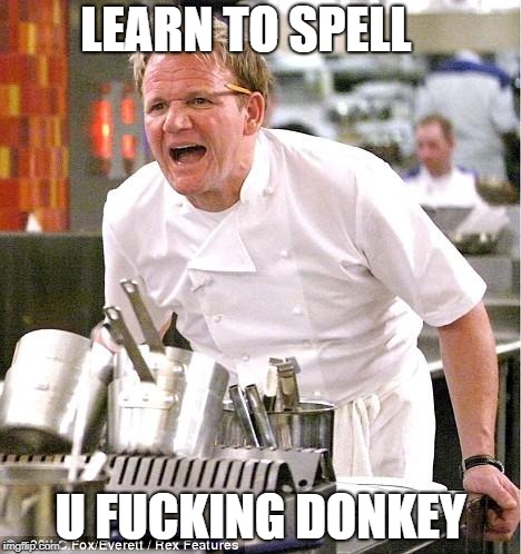 LEARN TO SPELL U F**KING DONKEY | image tagged in memes,chef gordon ramsay | made w/ Imgflip meme maker