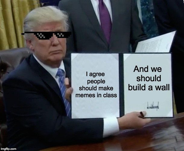 Please do this | I agree people should make memes in class; And we should build a wall | image tagged in memes,trump bill signing,class,trump wall | made w/ Imgflip meme maker