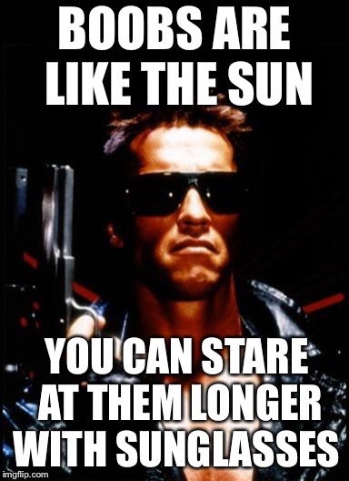 Boobs are like the sun... | BOOBS ARE LIKE THE SUN; YOU CAN STARE AT THEM LONGER WITH SUNGLASSES | image tagged in terminator arnold schwarzenegger,boobs are like the sun,sunglasses | made w/ Imgflip meme maker