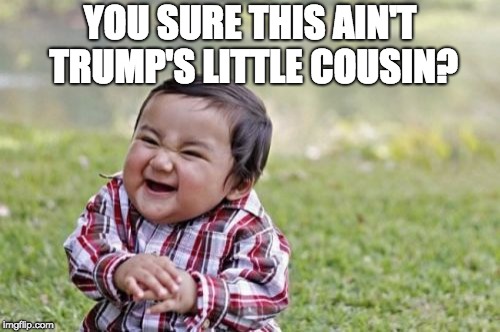 Evil Toddler Meme | YOU SURE THIS AIN'T TRUMP'S LITTLE COUSIN? | image tagged in memes,evil toddler | made w/ Imgflip meme maker