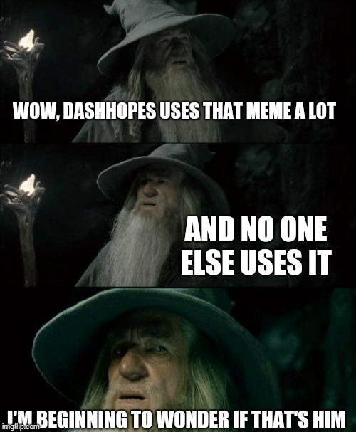 Confused Gandalf Meme | WOW, DASHHOPES USES THAT MEME A LOT I'M BEGINNING TO WONDER IF THAT'S HIM AND NO ONE ELSE USES IT | image tagged in memes,confused gandalf | made w/ Imgflip meme maker