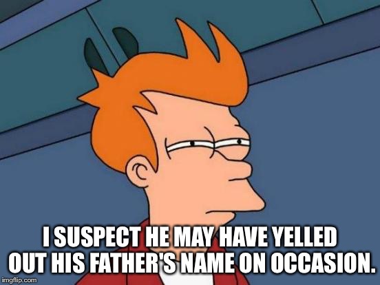 Futurama Fry Meme | I SUSPECT HE MAY HAVE YELLED OUT HIS FATHER'S NAME ON OCCASION. | image tagged in memes,futurama fry | made w/ Imgflip meme maker