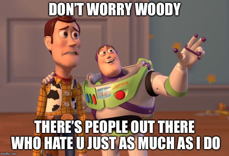 X, X Everywhere | DON’T WORRY WOODY; THERE’S PEOPLE OUT THERE WHO HATE U JUST AS MUCH AS I DO | image tagged in memes,x x everywhere | made w/ Imgflip meme maker