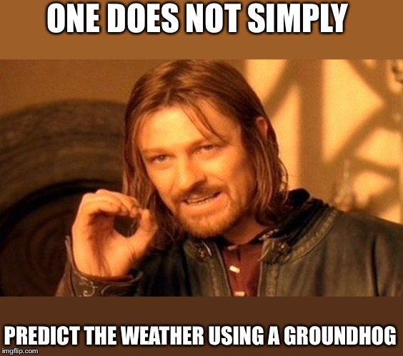 One Does Not Simply | ONE DOES NOT SIMPLY; PREDICT THE WEATHER USING A GROUNDHOG | image tagged in memes,one does not simply | made w/ Imgflip meme maker