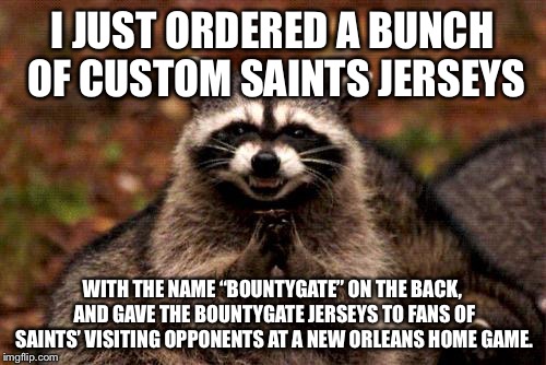 Just a subtle reminder to the Saints | I JUST ORDERED A BUNCH OF CUSTOM SAINTS JERSEYS; WITH THE NAME “BOUNTYGATE” ON THE BACK, AND GAVE THE BOUNTYGATE JERSEYS TO FANS OF SAINTS’ VISITING OPPONENTS AT A NEW ORLEANS HOME GAME. | image tagged in memes,evil plotting raccoon,new orleans saints,bounty,gate,nfl football | made w/ Imgflip meme maker