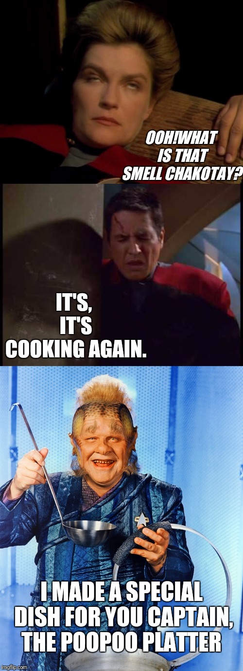 Do Not Want. | OOH!WHAT IS THAT SMELL CHAKOTAY? IT'S, IT'S COOKING AGAIN. I MADE A SPECIAL DISH FOR YOU CAPTAIN, THE POOPOO PLATTER | image tagged in star trek voyager,janeway,star trek | made w/ Imgflip meme maker