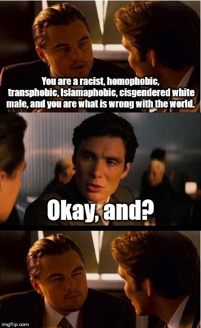 Works in so many situations. | You are a racist, homophobic, transphobic, Islamaphobic, cisgendered white male, and you are what is wrong with the world. Okay, and? | image tagged in memes,inception | made w/ Imgflip meme maker