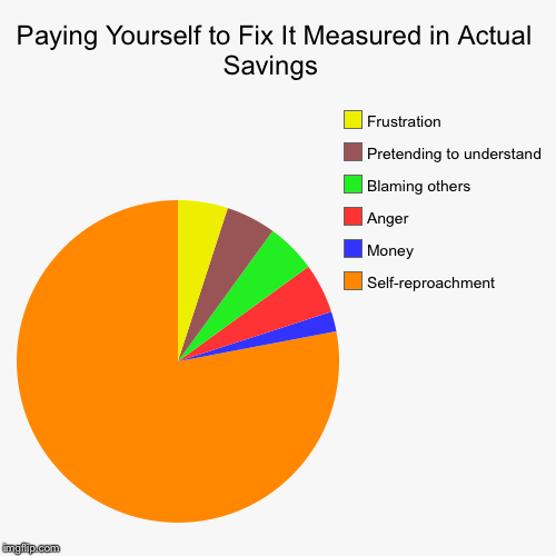 Paying Yourself to Fix It Measured in Actual Savings  | Self-reproachment, Money, Anger, Blaming others, Pretending to understand, Frustrati | image tagged in funny,pie charts | made w/ Imgflip chart maker