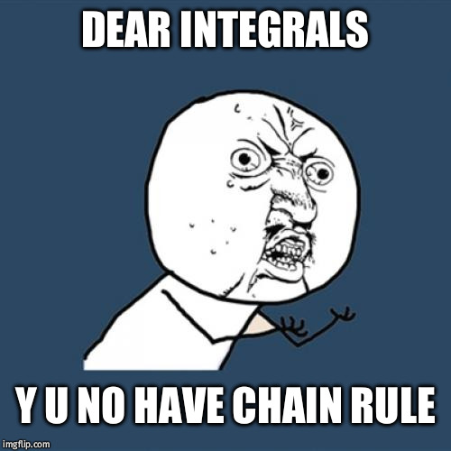 Y U No Meme | DEAR INTEGRALS; Y U NO HAVE CHAIN RULE | image tagged in memes,y u no | made w/ Imgflip meme maker