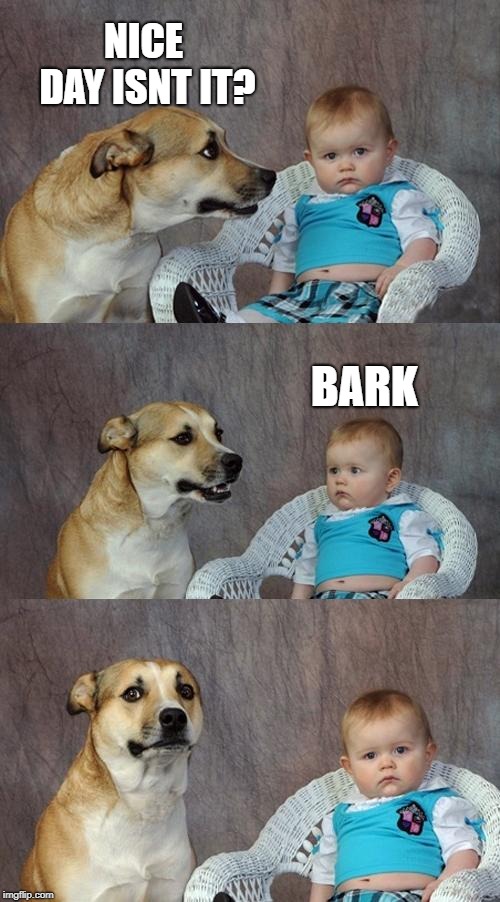 Dad Joke Dog Meme | NICE DAY ISNT IT? BARK | image tagged in memes,dad joke dog | made w/ Imgflip meme maker