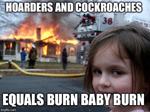 Disaster Girl | HOARDERS AND COCKROACHES; EQUALS BURN BABY BURN | image tagged in memes,disaster girl | made w/ Imgflip meme maker