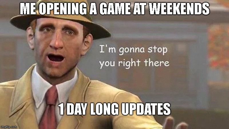 When you want to play but your game be like | ME OPENING A GAME AT WEEKENDS; 1 DAY LONG UPDATES | image tagged in i'm gonna stop you right there | made w/ Imgflip meme maker