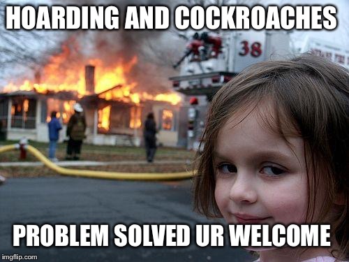 Disaster Girl | HOARDING AND COCKROACHES; PROBLEM SOLVED UR WELCOME | image tagged in memes,disaster girl | made w/ Imgflip meme maker