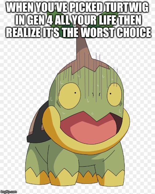 surprised turtwig | WHEN YOU’VE PICKED TURTWIG IN GEN 4 ALL YOUR LIFE THEN REALIZE IT’S THE WORST CHOICE | image tagged in pokemon,gaming,memes | made w/ Imgflip meme maker