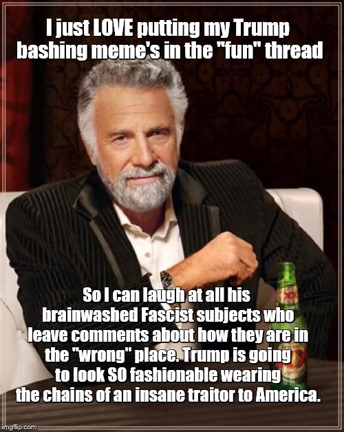 The Most Interesting Man In The World Meme | I just LOVE putting my Trump bashing meme's in the "fun" thread; So I can laugh at all his brainwashed Fascist subjects who leave comments about how they are in the "wrong" place. Trump is going to look SO fashionable wearing the chains of an insane traitor to America. | image tagged in memes,the most interesting man in the world | made w/ Imgflip meme maker