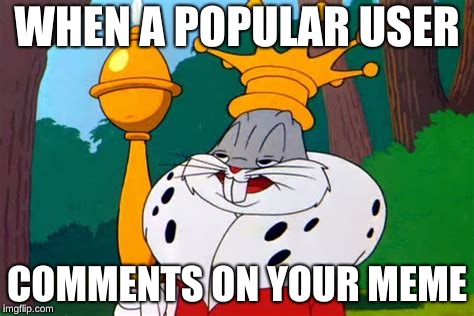 king-bugs | WHEN A POPULAR USER; COMMENTS ON YOUR MEME | image tagged in king-bugs | made w/ Imgflip meme maker