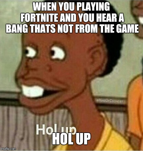 hol up | WHEN YOU PLAYING FORTNITE AND YOU HEAR A BANG THATS NOT FROM THE GAME; HOL UP | image tagged in hol up | made w/ Imgflip meme maker