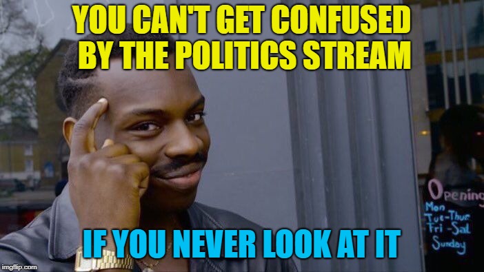 Roll Safe Think About It Meme | YOU CAN'T GET CONFUSED BY THE POLITICS STREAM IF YOU NEVER LOOK AT IT | image tagged in memes,roll safe think about it | made w/ Imgflip meme maker
