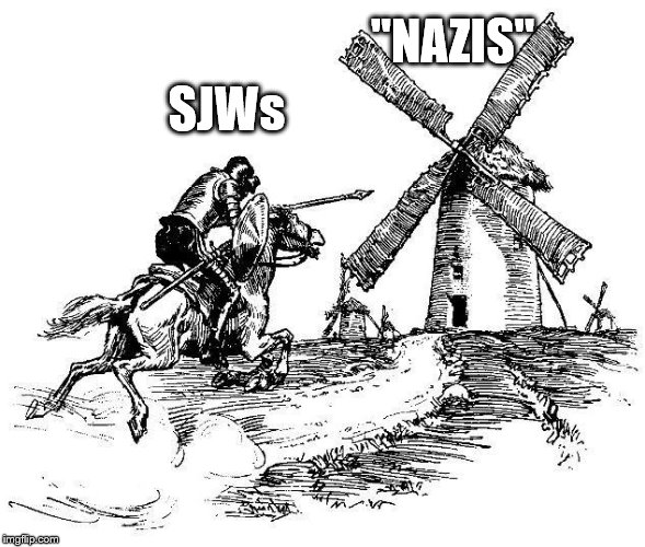 Don Quixote | "NAZIS"; SJWs | image tagged in don quixote,sjw,sjws,nazi,nazis | made w/ Imgflip meme maker