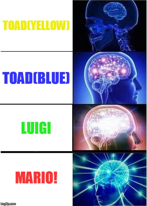 Expanding Brain | TOAD(YELLOW); TOAD(BLUE); LUIGI; MARIO! | image tagged in memes,expanding brain | made w/ Imgflip meme maker