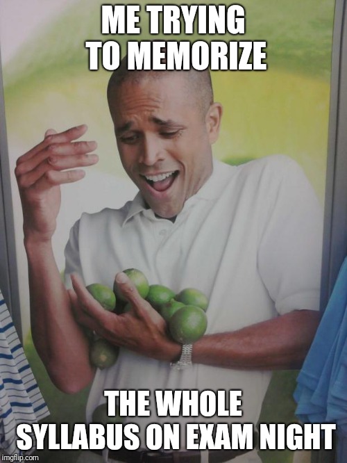 Why Can't I Hold All These Limes Meme | ME TRYING TO MEMORIZE; THE WHOLE SYLLABUS ON EXAM NIGHT | image tagged in memes,why can't i hold all these limes | made w/ Imgflip meme maker